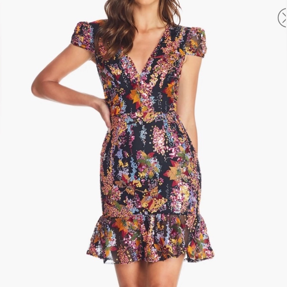 ✨ 🎉 Dress the Population Sequin Mini Dress – Papaya Multi – Size M 🎉